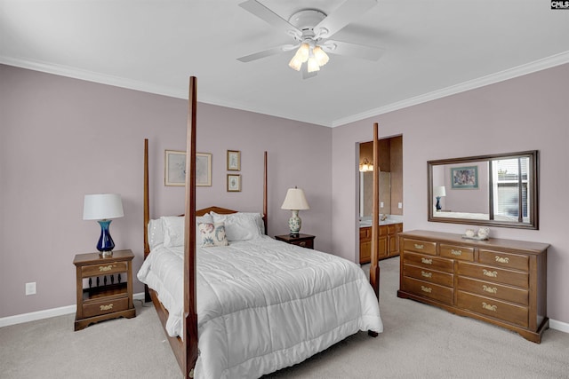 bedroom with light carpet, baseboards, a ceiling fan, and ornamental molding