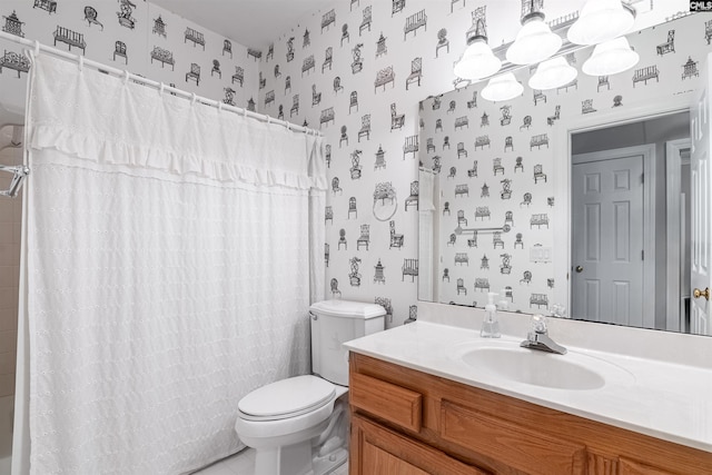 full bath featuring toilet, wallpapered walls, vanity, and a shower with shower curtain