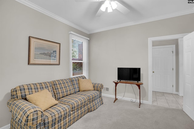 living room featuring carpet floors, visible vents, ornamental molding, and baseboards