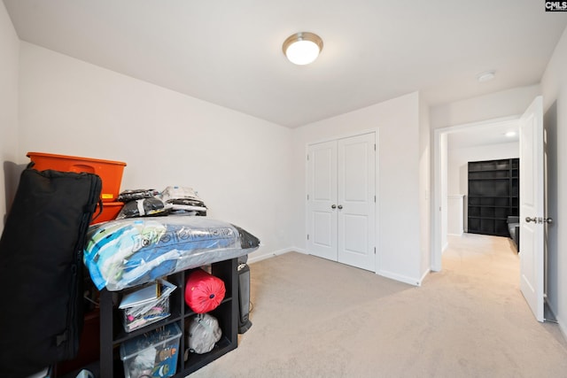 interior space featuring light carpet, baseboards, and a closet