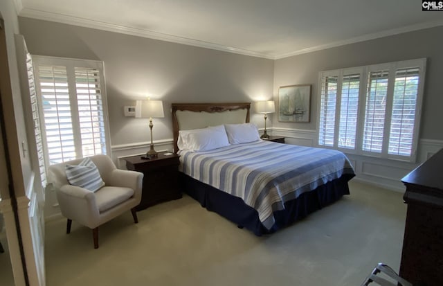 bedroom with carpet floors, ornamental molding, a decorative wall, and wainscoting