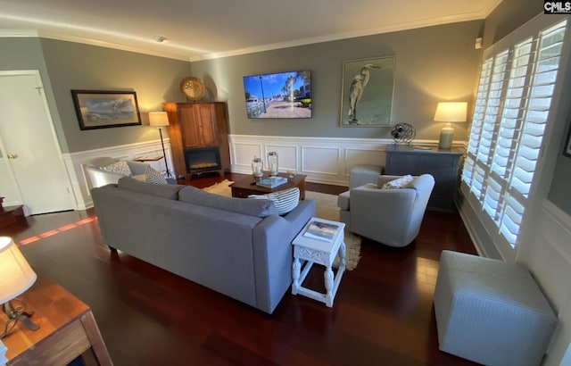 living area with a fireplace, ornamental molding, wood finished floors, and wainscoting