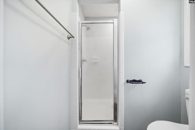 bathroom with a stall shower and toilet