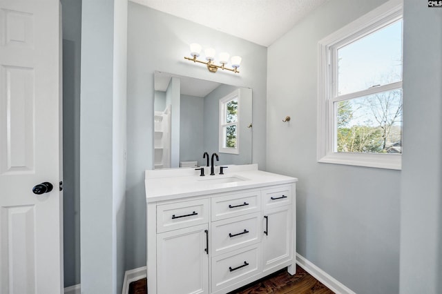 bathroom featuring vanity, baseboards, and wood finished floors