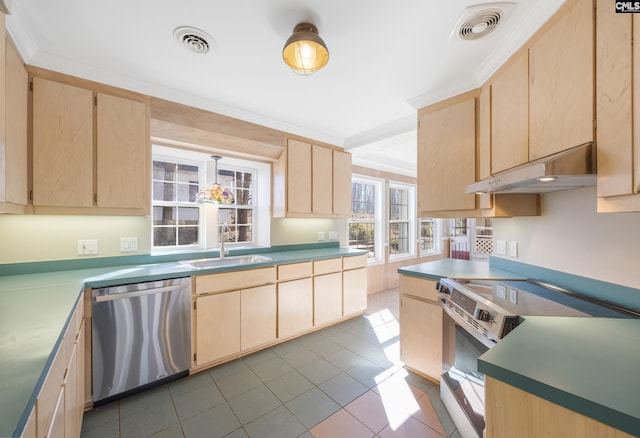 kitchen featuring under cabinet range hood, light brown cabinets, and appliances with stainless steel finishes