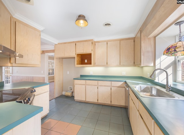 kitchen featuring light tile patterned floors, visible vents, crown molding, light brown cabinets, and a sink