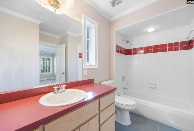 full bathroom with bathtub / shower combination, toilet, visible vents, ornamental molding, and tile patterned floors