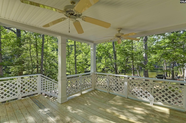 277 Forest Shores Rd, Prosperity, SC 29127 - wooden deck featuring a ceiling fan, view of wooded area, and a water view