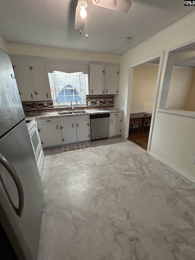 kitchen with white cabinets, dishwasher, backsplash, white gas range, and a sink