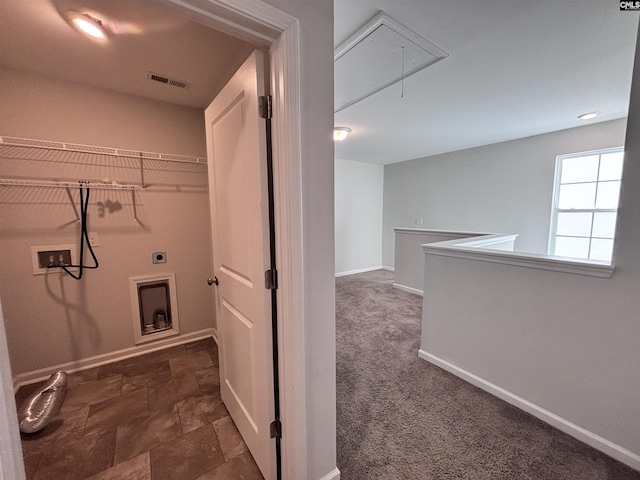 laundry room featuring visible vents, attic access, hookup for an electric dryer, laundry area, and baseboards