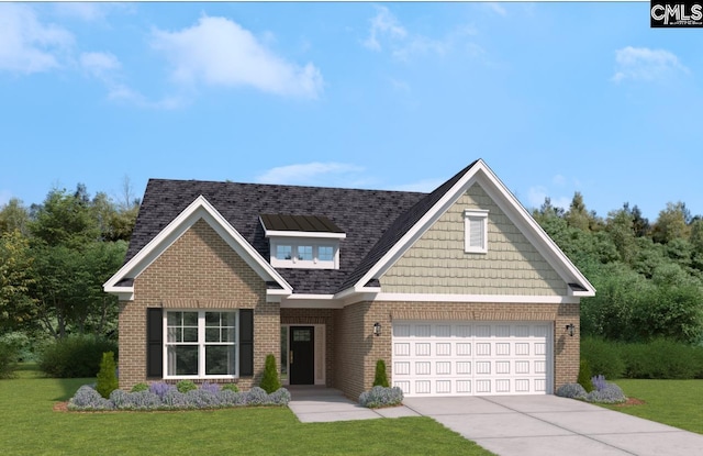 craftsman house featuring an attached garage, brick siding, driveway, and a front lawn