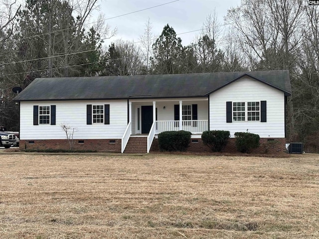 ranch-style house with crawl space, central AC unit, a porch, and a front yard