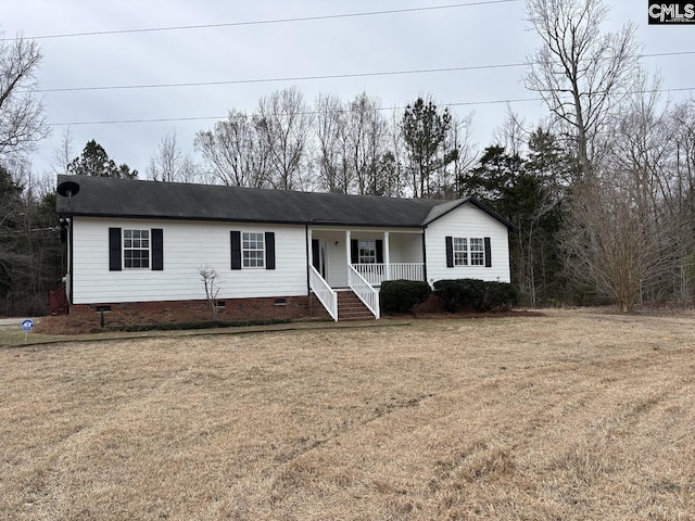 ranch-style home featuring a front yard, crawl space, and covered porch