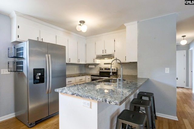 kitchen with a peninsula, under cabinet range hood, appliances with stainless steel finishes, and backsplash