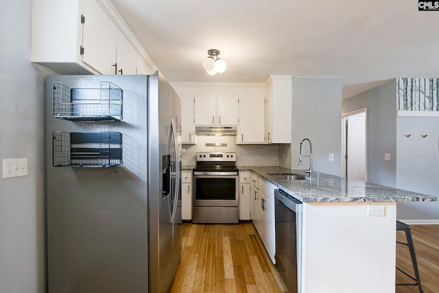 kitchen featuring decorative backsplash, appliances with stainless steel finishes, a sink, a peninsula, and under cabinet range hood