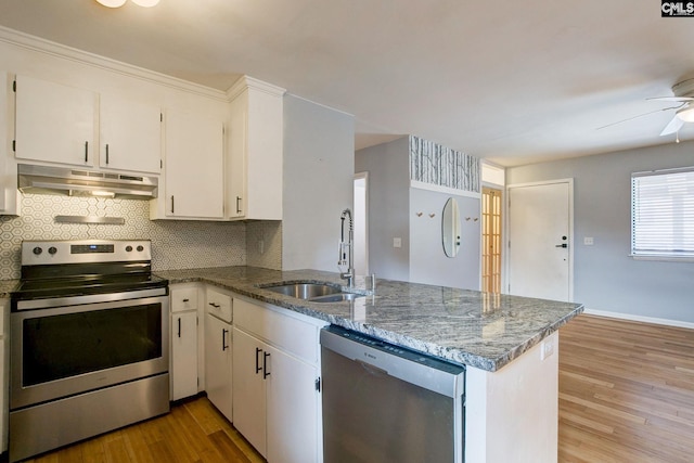 kitchen with under cabinet range hood, stainless steel appliances, a peninsula, a sink, and light wood-type flooring