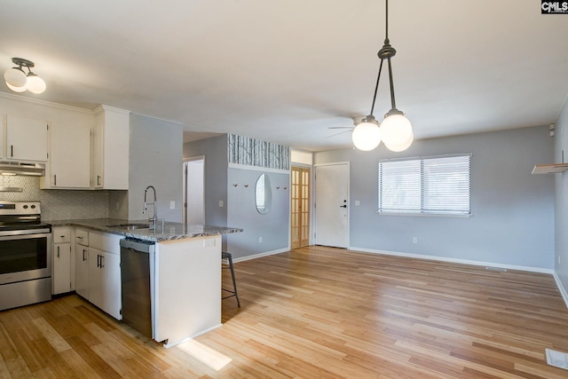 kitchen featuring light wood-style flooring, appliances with stainless steel finishes, a sink, a peninsula, and under cabinet range hood