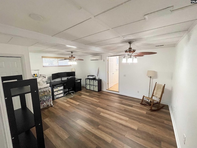 living room with ceiling fan, baseboards, dark wood finished floors, and an AC wall unit