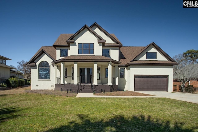 view of front of house featuring covered porch, concrete driveway, crawl space, and a front yard