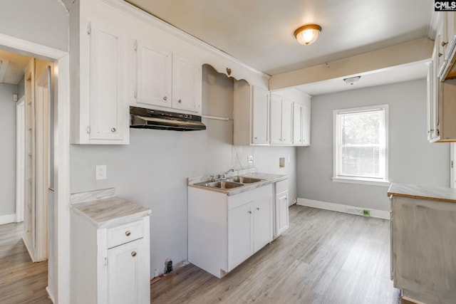 kitchen with light countertops, a sink, under cabinet range hood, and light wood finished floors