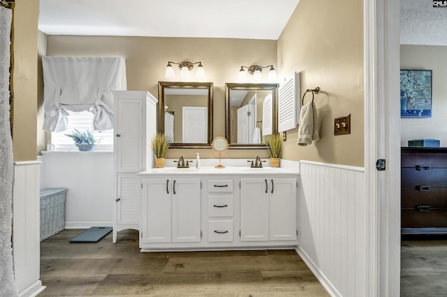 full bathroom featuring a sink, double vanity, wood finished floors, and wainscoting