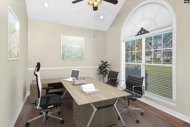 home office featuring baseboards, lofted ceiling, ceiling fan, wood finished floors, and recessed lighting