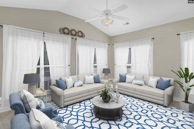 living room with lofted ceiling, visible vents, a ceiling fan, baseboards, and tile patterned floors