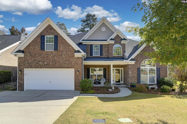 view of front of home featuring concrete driveway, an attached garage, covered porch, a front lawn, and brick siding