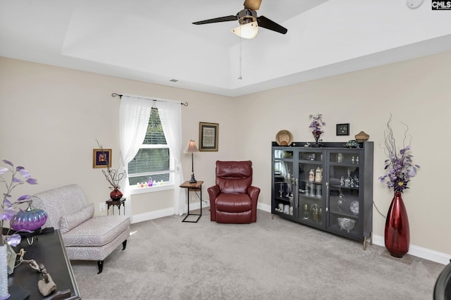 sitting room featuring carpet, a raised ceiling, and baseboards