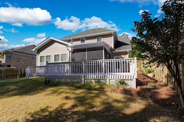 back of property featuring a deck, a yard, and a fenced backyard