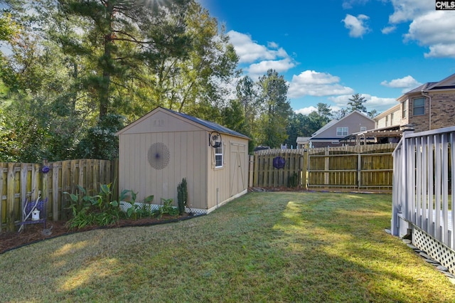 view of yard with an outbuilding, a storage shed, and a fenced backyard