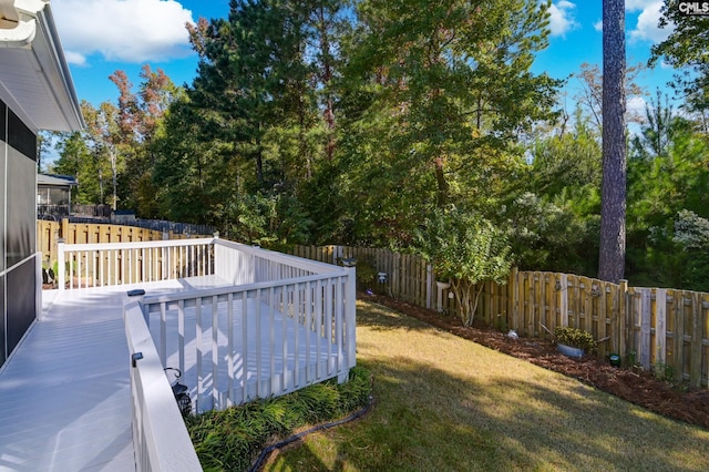 view of yard with a fenced backyard and a wooden deck