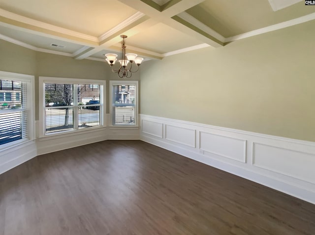 150 Grey Oaks Ln, Lexington, SC 29072 - unfurnished dining area featuring a chandelier, coffered ceiling, ornamental molding, beamed ceiling, and dark wood finished floors
