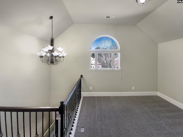 150 Grey Oaks Ln, Lexington, SC 29072 - interior space featuring visible vents, baseboards, lofted ceiling, carpet, and a chandelier