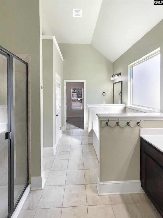 150 Grey Oaks Ln, Lexington, SC 29072 - full bathroom featuring a stall shower, visible vents, vaulted ceiling, and vanity