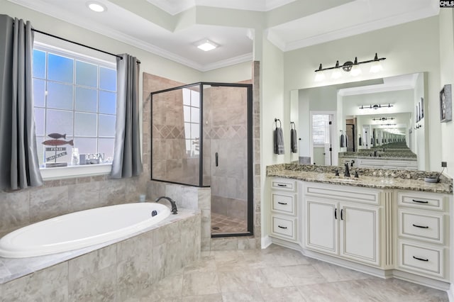 full bathroom with vanity, marble finish floor, ornamental molding, a shower stall, and a bath