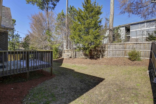 view of yard featuring a fenced backyard and a deck