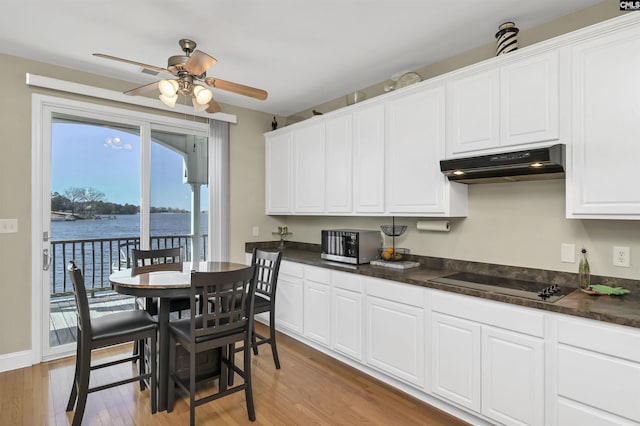 547 Harbor Heights Dr, Lexington, SC 29072 - kitchen with white cabinets, dark countertops, black electric cooktop, light wood-type flooring, and under cabinet range hood