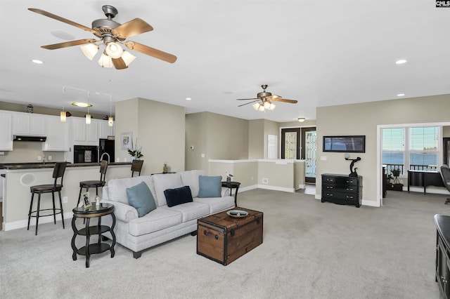 547 Harbor Heights Dr, Lexington, SC 29072 - living room featuring light carpet, baseboards, a ceiling fan, and recessed lighting