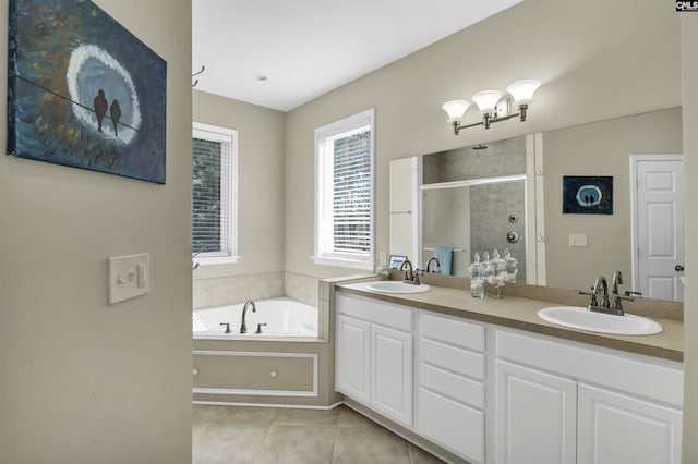 547 Harbor Heights Dr, Lexington, SC 29072 - bathroom featuring a stall shower, a sink, a bath, and tile patterned floors