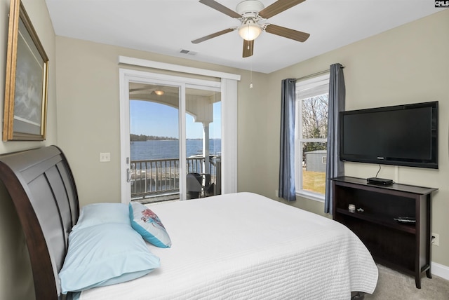 547 Harbor Heights Dr, Lexington, SC 29072 - bedroom featuring visible vents, baseboards, ceiling fan, access to exterior, and carpet