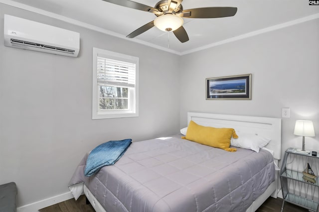 547 Harbor Heights Dr, Lexington, SC 29072 - bedroom with baseboards, ceiling fan, wood finished floors, crown molding, and an AC wall unit