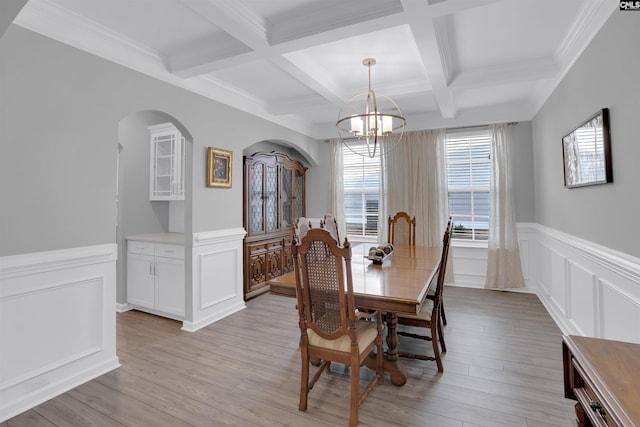 dining area featuring coffered ceiling, a wainscoted wall, an inviting chandelier, light wood-style floors, and beam ceiling