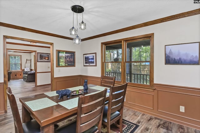 dining space featuring wainscoting, crown molding, and light wood-style flooring