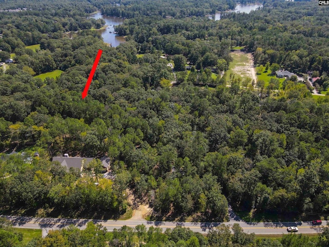 birds eye view of property with a water view and a wooded view