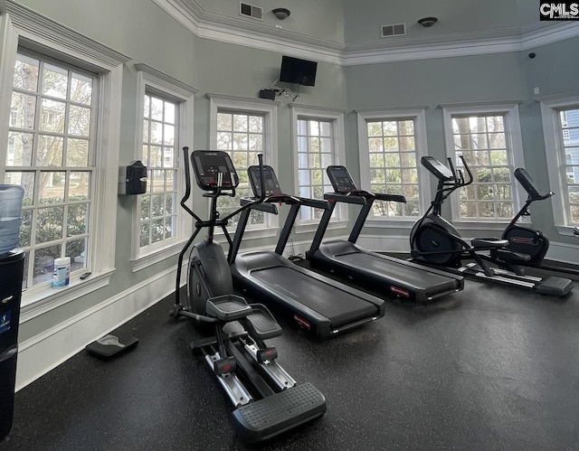 workout area featuring ornamental molding, visible vents, and baseboards