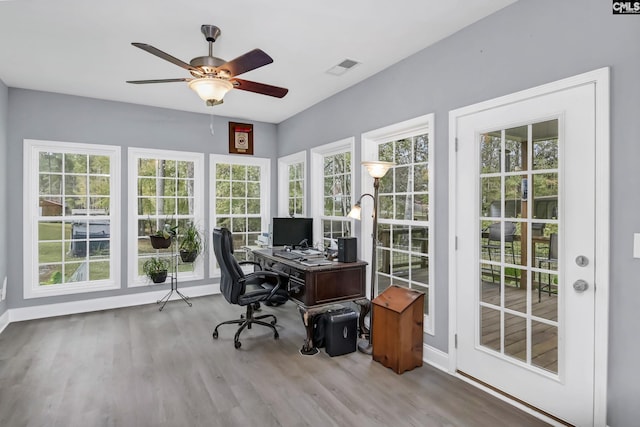 home office featuring ceiling fan, wood finished floors, visible vents, and baseboards