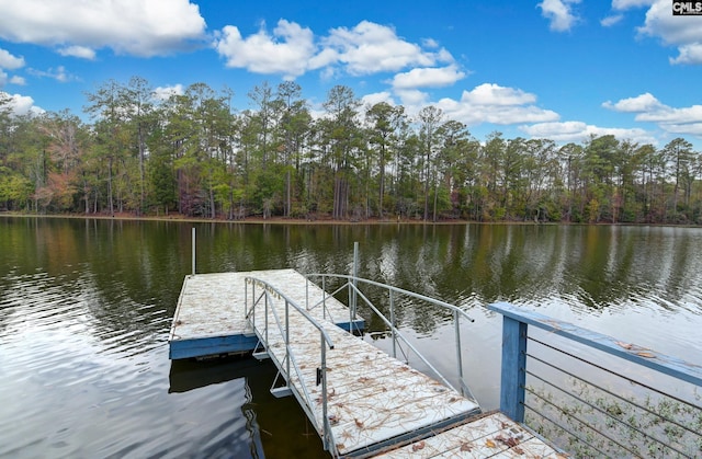 dock area featuring a water view and a wooded view