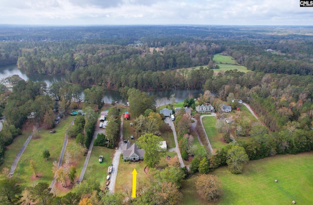 birds eye view of property with a water view and a forest view