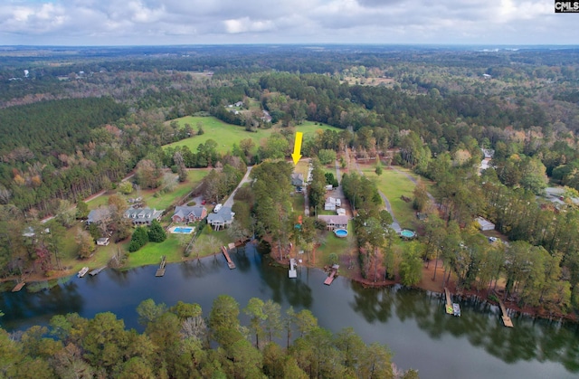 aerial view featuring a water view and a wooded view